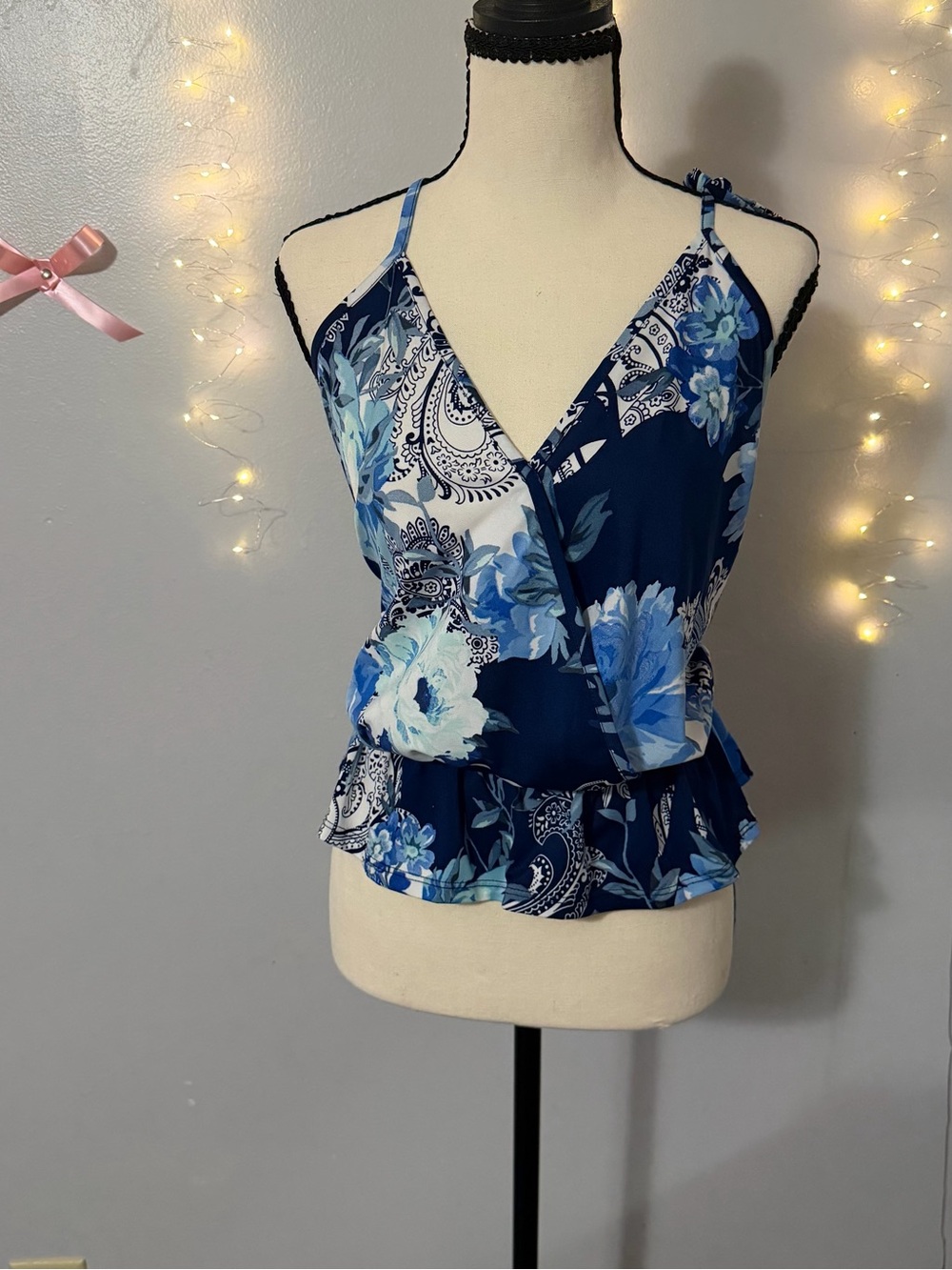 VENUS Navy Blue Floral Surplice Peplum Cami